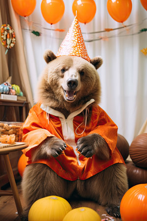Cute bear with halloween costume. Seasonal party. Generative AIの素材