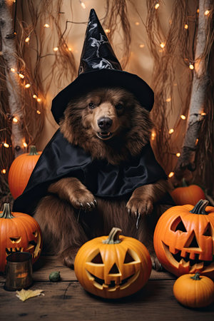 Cute bear with halloween costume. Seasonal party. Generative AIの素材