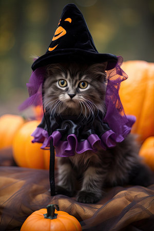 Cute kitten with Halloween costume. Seasonal party. Generative AIの素材