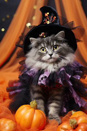 Cute kitten with Halloween costume. Seasonal party. Generative AIの素材