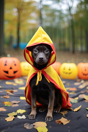 Cute dog with Halloween costume. Seasonal Party. Generative AIの素材