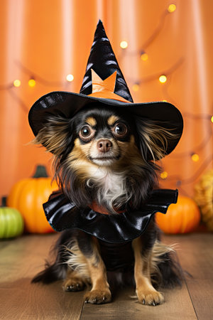 Cute dog with Halloween costume. Seasonal Party. Generative AIの素材