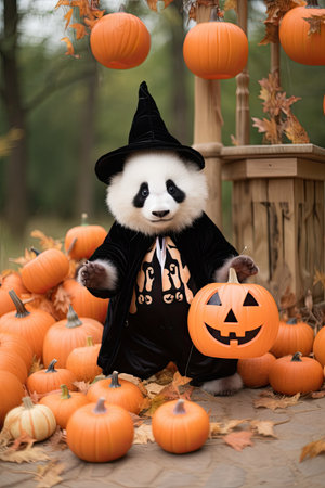 Beautiful Panda with Halloween costume. Seasonal party. Generative AIの素材