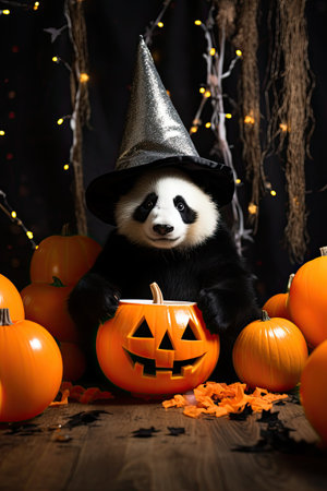 Beautiful Panda with Halloween costume. Seasonal party. Generative AIの素材