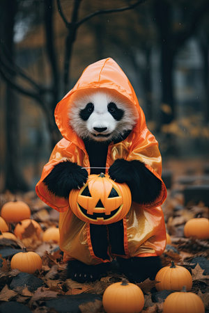Beautiful Panda with Halloween costume. Seasonal party. Generative AIの素材