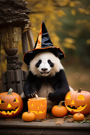 Beautiful Panda with Halloween costume. Seasonal party. Generative AIの素材