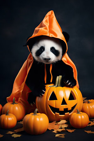 Beautiful Panda with Halloween costume. Seasonal party. Generative AIの素材