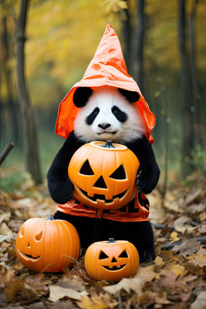 Beautiful Panda with Halloween costume. Seasonal party. Generative AIの素材