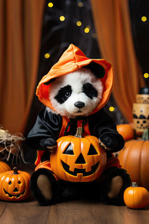 Beautiful Panda with Halloween costume. Seasonal party. Generative AIの素材