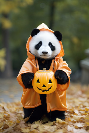 Beautiful Panda with Halloween costume. Seasonal party. Generative AIの素材