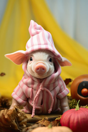 Cute domestic little pig with Halloween costume and pumpkin. Seasonal party. Generative AIの素材