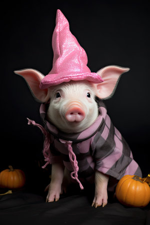 Cute domestic little pig with Halloween costume and pumpkin. Seasonal party. Generative AIの素材