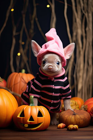 Cute domestic little pig with Halloween costume and pumpkin. Seasonal party. Generative AIの素材