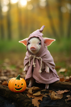 Cute domestic little pig with Halloween costume and pumpkin. Seasonal party. Generative AIの素材