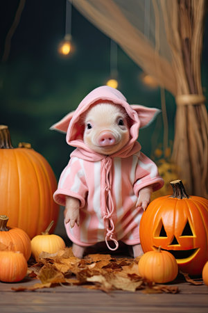 Cute domestic little pig with Halloween costume and pumpkin. Seasonal party. Generative AIの素材