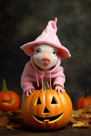 Cute domestic little pig with Halloween costume and pumpkin. Seasonal party. Generative AIの素材
