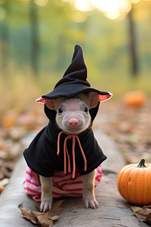 Cute domestic little pig with Halloween costume and pumpkin. Seasonal party. Generative AIの素材