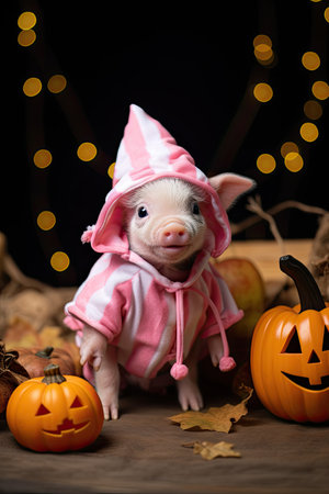 Cute domestic little pig with Halloween costume and pumpkin. Seasonal party. Generative AIの素材