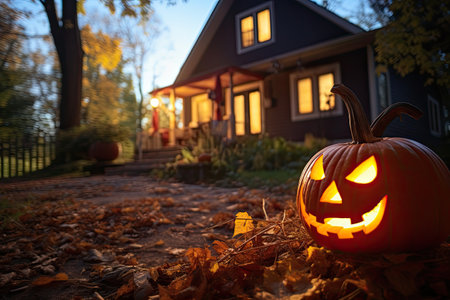 Jack-o-lantern Halloween pumpkin near a house. Festive home decorations. Generative AIの素材