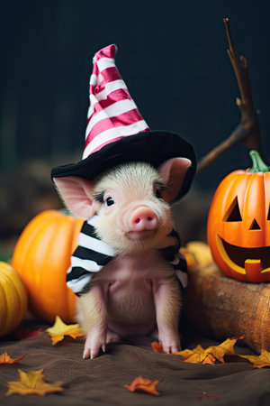 Cute domestic little pig with Halloween costume and pumpkin. Seasonal party. Generative AIの素材