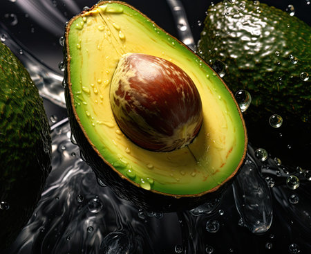 Green avocado on a black background. Healthy fat. Generative AIの素材