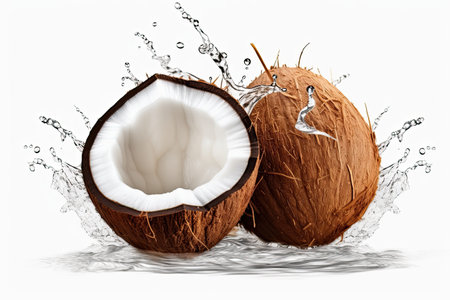 Fresh coconut with pieces and water splash with black reflection on a black backgroundの素材