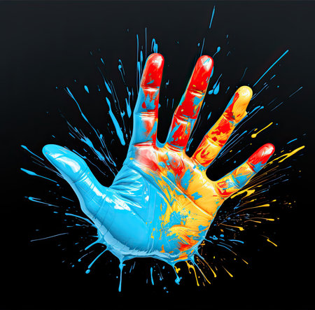 Blue hand print on black background, paint handprint. Generative AIの素材