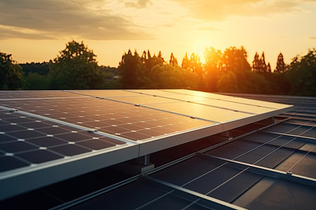 Solar panels on top of a building in sunset. Generative AIの素材