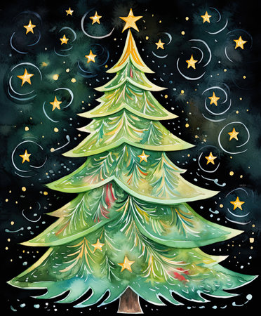 Christmas tree watercolor texture silhouette with snowflakes on a black background. Generative AIの素材