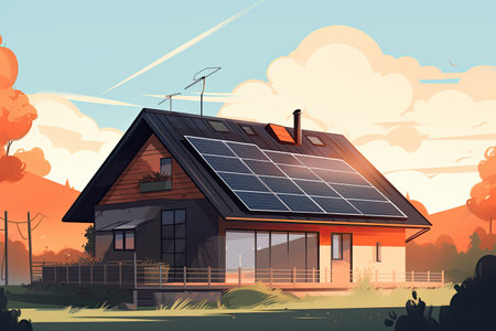 Black solar panels on the roof. Beautiful, large modern house and solar energy. Rays of sun. Generative AIの素材