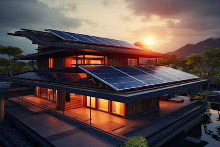 Solar panels on top of a building in sunset. Generative AIの素材