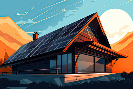 Black solar panels on the roof. Beautiful, large modern house and solar energy. Rays of sun. Generative AIの素材