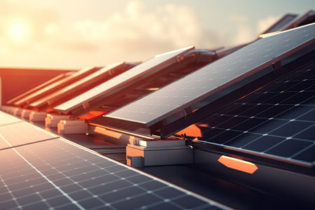Solar panels on top of a building in sunset. Generative AIの素材