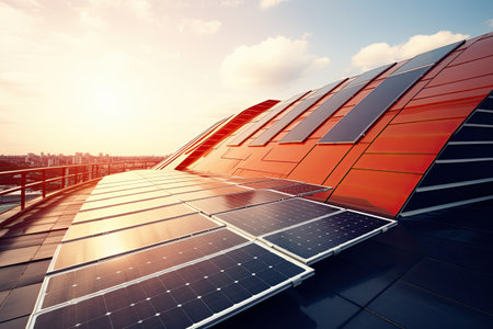 Solar panels on top of a building in sunset. Generative AIの素材