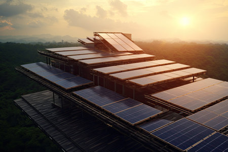 Solar panels on top of a building in sunset. Generative AIの素材