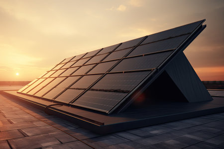 Solar panels on top of a building in sunset. Generative AIの素材