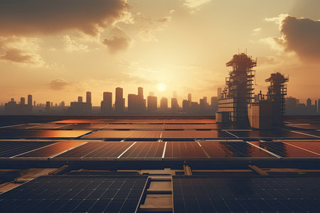 Solar panels on top of a building in sunset. Generative AIの素材