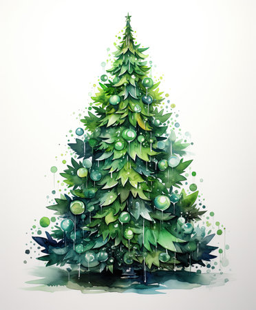 Christmas tree watercolor texture silhouette on a white background. Greeting card. Generative AIの素材