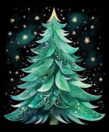 Christmas tree watercolor texture silhouette with snowflakes on a black background. Generative AIの素材