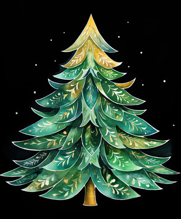 Christmas tree watercolor texture silhouette with snowflakes on a black background. Generative AIの素材