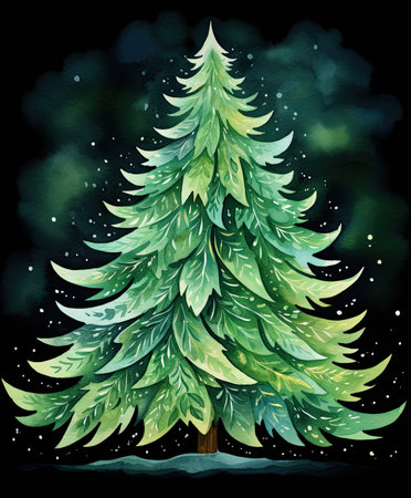 Christmas tree watercolor texture silhouette with snowflakes on a black background. Generative AIの素材