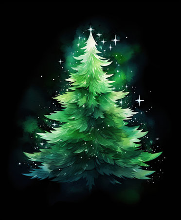 Christmas tree watercolor texture silhouette with snowflakes on a black background. Generative AIの素材