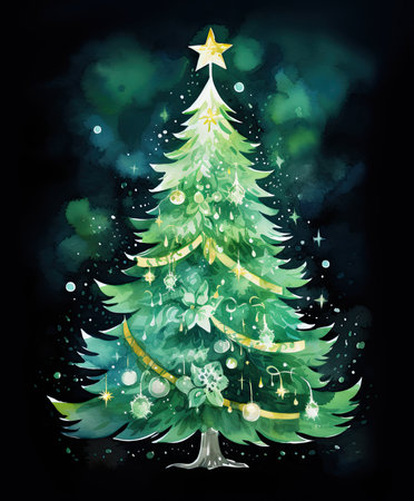 Christmas tree watercolor texture silhouette with snowflakes on a black background. Generative AIの素材