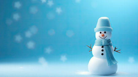 Happy snowman with wool cap and scarf on blue background. Generative AIの素材