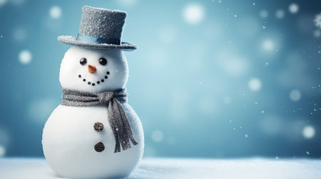 Happy snowman with hat and wool scarf on blue background. Generative AIの素材