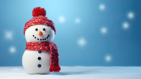 Happy snowman with wool red cap and scarf on blue background. Generative AIの素材