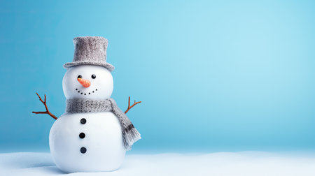Happy snowman with hat and wool scarf on blue background. Generative AIの素材