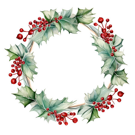 Christmas frame with red holly leaves. Delicate green watercolor. Generative AIの素材