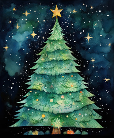 Christmas tree watercolor texture silhouette with snowflakes on a black background. Generative AIの素材
