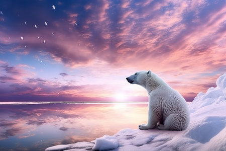 Relaxed lonely polar bear looking at the sky with blue colors and cool tones. Generative AIの素材